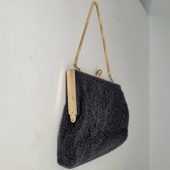 Vintage Black Beaded Kiss Closure Chain Top Handle Evening Cocktail Handbag Bag - Picture 5 of 13